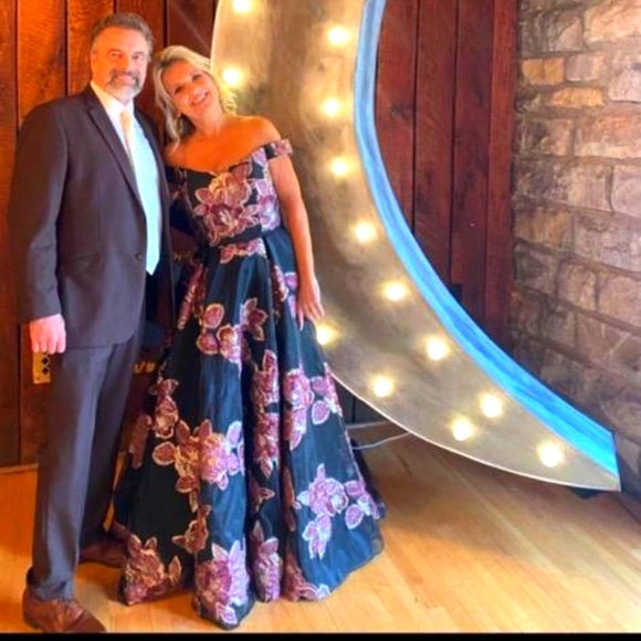 Jovani Black Off the Shoulder Sequin Floral Dress Mother of Bride Flare Luxury - Picture 15 of 16